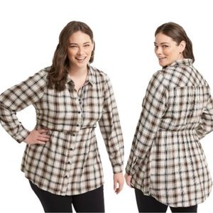 Lane Bryant Women’s Sz 22/24 No-Peek Button-Front Plaid Peplum Tunic